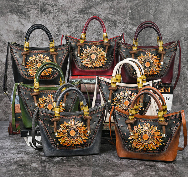 Vintage Sunflower Embossed Leather Handbag for Women Top Handle Shoulder Crossbody Bag with Adjustable Strap Chic