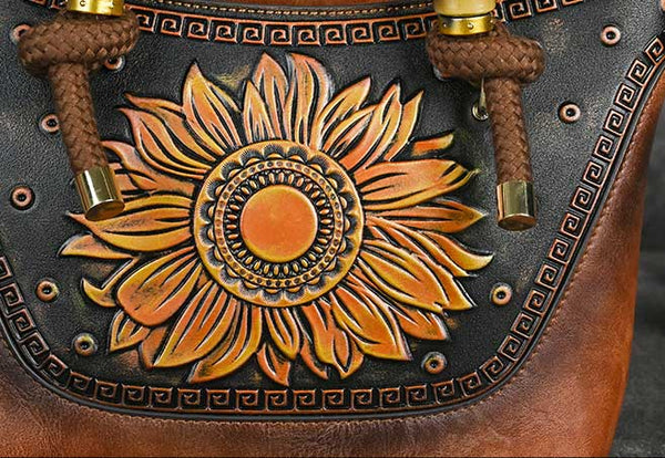 Vintage Sunflower Embossed Leather Handbag for Women Top Handle Shoulder Crossbody Bag with Adjustable Strap Cute