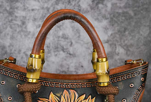 Vintage Sunflower Embossed Leather Handbag for Women Top Handle Shoulder Crossbody Bag with Adjustable Strap Designer
