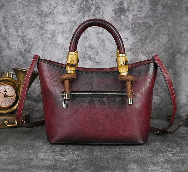 Handcrafted Vintage Leather Satchel with Sunflower Embossing Detachable Shoulder Strap and Zip Closure