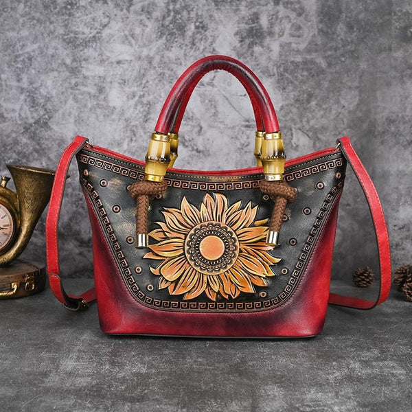 Retro Embossed Cowhide Shoulder Bag Handmade Sunflower Pattern Cowhide Tote Bag