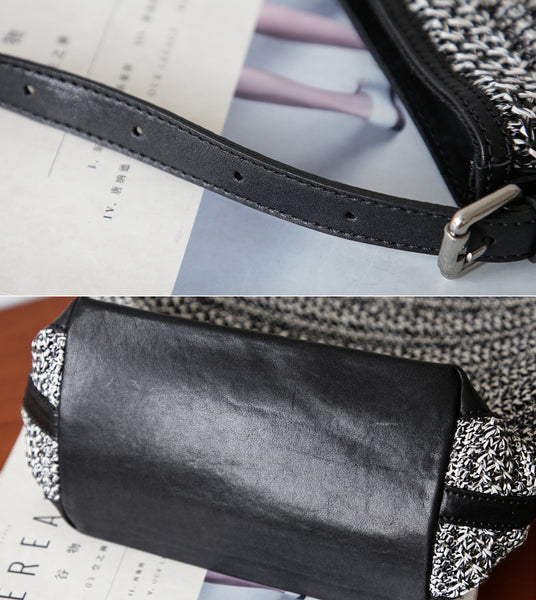 Womens Knitted Fabric Tote Bucket Bag with Genuine Leather Shoulder  Crossbody Handbag for Women Minimalist