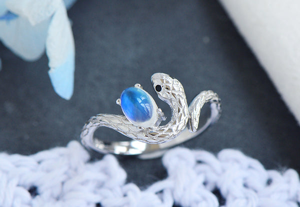 Sterling Silver Snake Ring with Natural Moonstone Adjustable Open Design for Women