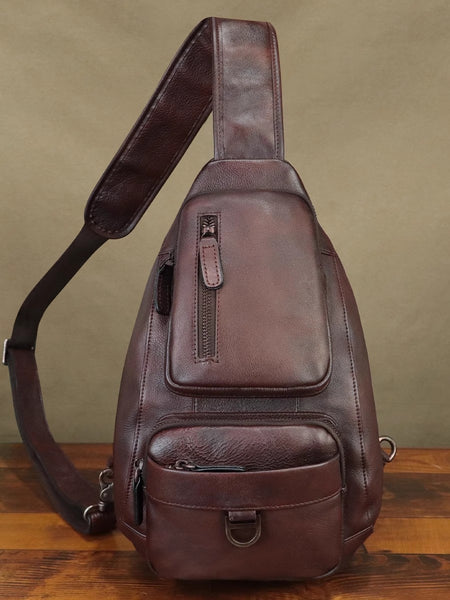 Vintage Genuine Leather Sling Bag for Men and Women – Retro Chest Shoulder Crossbody Pack Affordable
