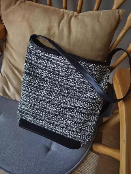 Womens Knitted Fabric Tote Bucket Bag with Genuine Leather Shoulder  Crossbody Handbag for WomenAffordable