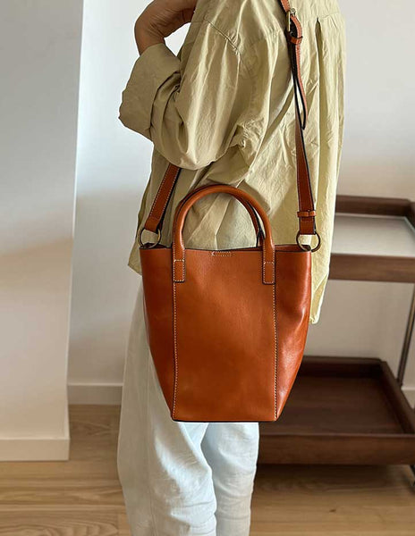 Vintage Genuine Leather Bucket Bag for Women Handheld Shoulder Crossbody Purse Affordable