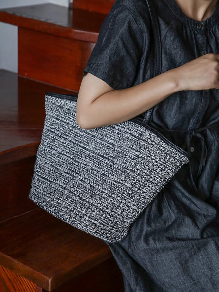 Casual Womens Knitted Tote Bag with Leather Trim Shoulder Bag with Magnetic Closure