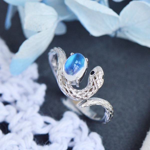 Sterling Silver Snake Ring with Natural Moonstone Adjustable Open Design for Women Affordable
