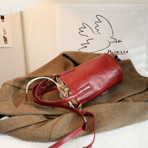 Vintage Women's Leather Drawstring Bucket Bag Leather Crossbody Purse Classy