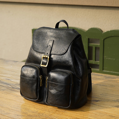 Vintage Womens Black Backpack Purse Ladies Small Leather Rucksack Black