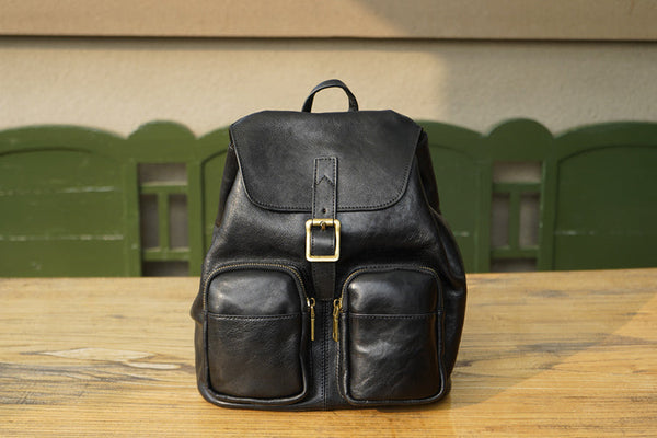 Vintage Womens Black Backpack Purse Ladies Small Leather Rucksack Durable
