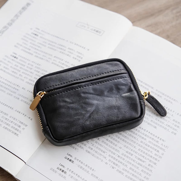 Vintage Womens Leather Coin Purse With Zipper Women Leather Wallet Black