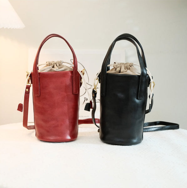 Womens Small Black Leather Crossbody Bag Leather Bucket Bag