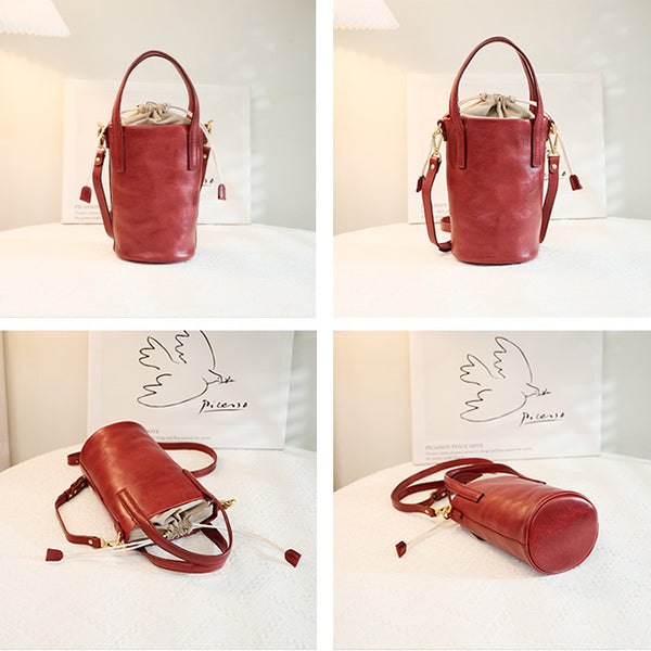 Vintage Women's Leather Drawstring Bucket Bag Leather Crossbody Purse Fashion