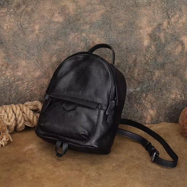 Vintage Womens Small Leather Backpack Womens Rucksack Bag Black