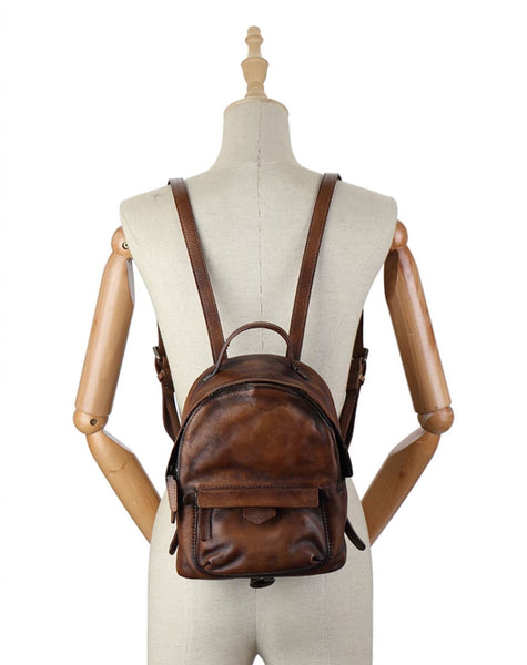 Vintage Womens Small Leather Backpack Womens Rucksack Bag Brown