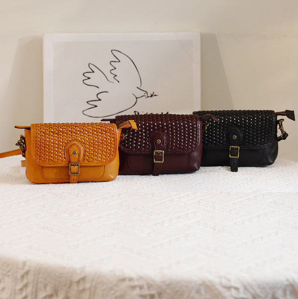 Vintage Woven Leather Crossbody Bag for Women Small Genuine Cowhide Shoulder Bag