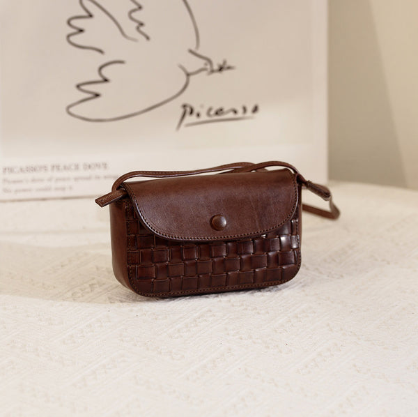 Vintage Woven Leather Mini Crossbody Bag Small Braided Leather Phone Bag for Women Badass