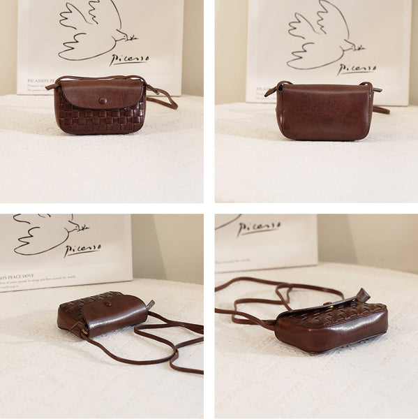Vintage Woven Leather Mini Crossbody Bag Small Braided Leather Phone Bag for Women Beautiful