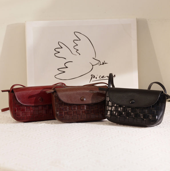 Vintage Woven Leather Mini Crossbody Bag Small Braided Leather Phone Bag for Women Classy