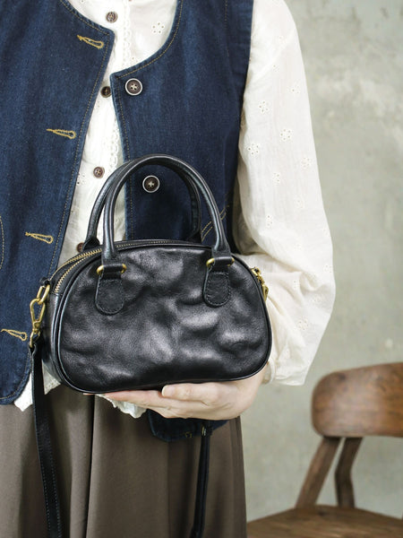 Vintage Wrinkled Leather Crossbody Bag for Women Vegetable Tanned Cowhide Hnadbag