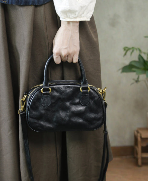 Vintage Wrinkled Leather Crossbody Bag for Women Vegetable Tanned Cowhide Black