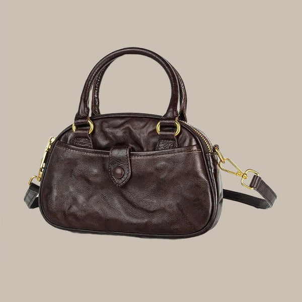 Vintage Wrinkled Leather Crossbody Bag for Women Vegetable Tanned Cowhide Brown
