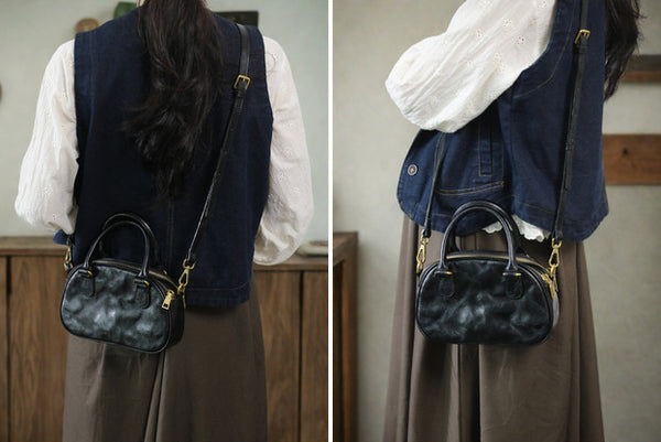 Vintage Wrinkled Leather Crossbody Bag for Women Vegetable Tanned Cowhide Classic