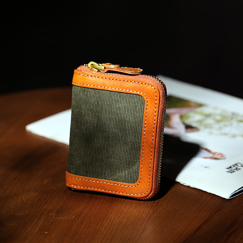 Womens Handmade Canvas Leather Card Wallet with Zipper Retro Accordion Wallet for Cards and Coins