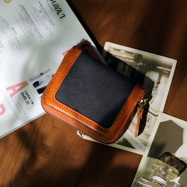 Canvas and Genuine Leather Accordion Zip Wallet for Women Compact Card Holder