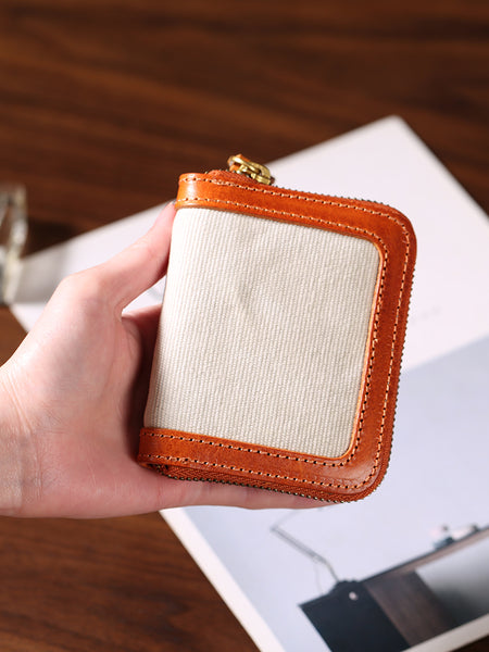 Vintage Zip Wallet for Women Canvas Leather with Accordion Card Holder and Striped Lining