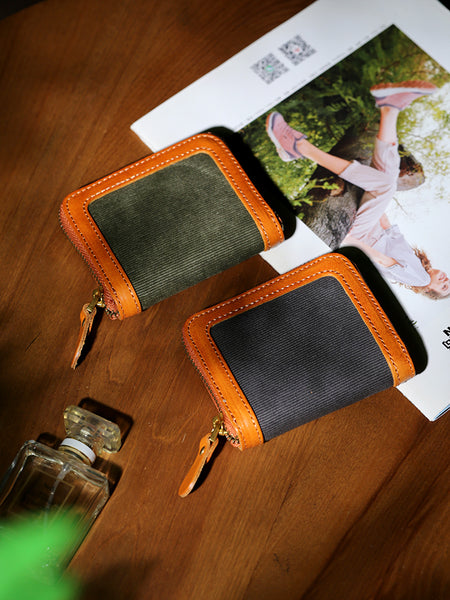 Canvas and Genuine Leather Accordion Zip Wallet for Women Compact Card Holder