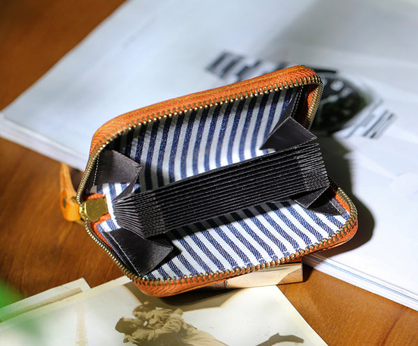 Canvas and Genuine Leather Accordion Zip Wallet for Women Compact Card Holder
