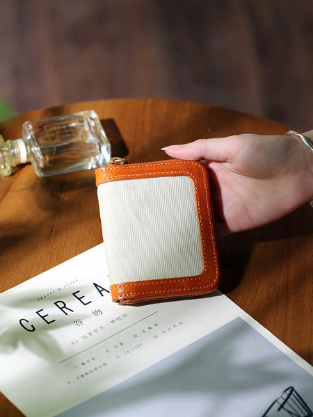 Canvas and Genuine Leather Accordion Zip Wallet for Women Compact Card Holder
