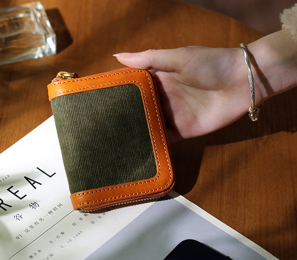 Canvas and Genuine Leather Accordion Zip Wallet for Women Compact Card Holder