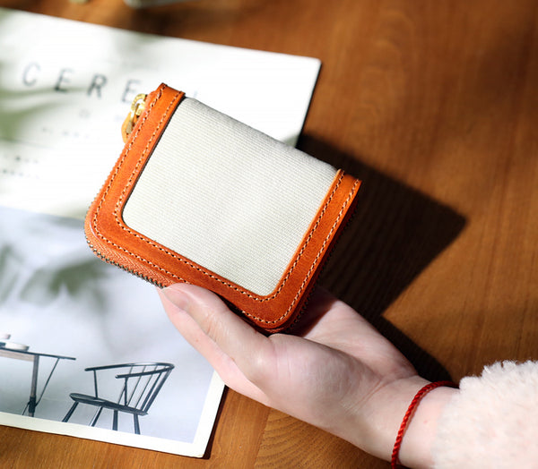 Canvas and Genuine Leather Accordion Zip Wallet for Women Compact Card Holder