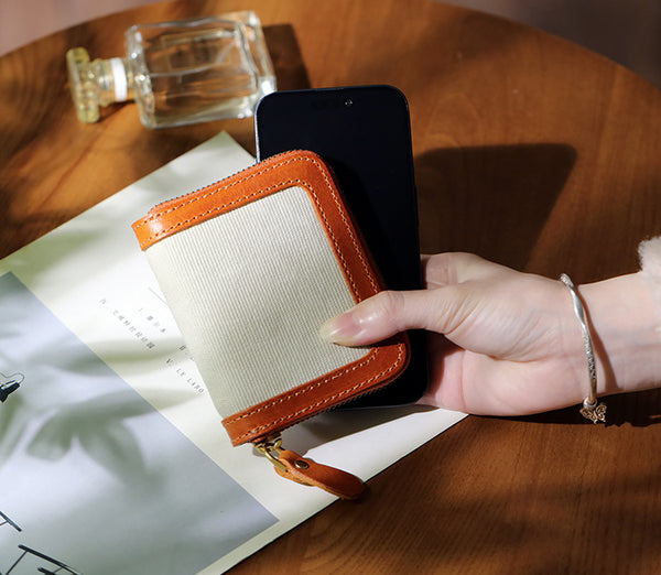 Canvas and Genuine Leather Accordion Zip Wallet for Women Compact Card Holder