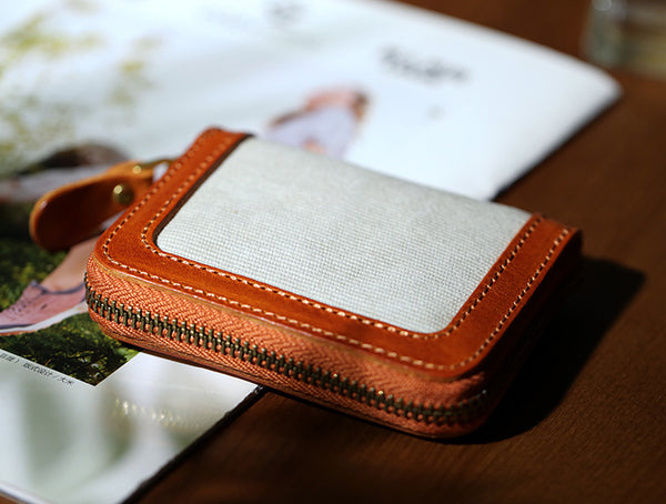 Canvas and Genuine Leather Accordion Zip Wallet for Women Compact Card Holder