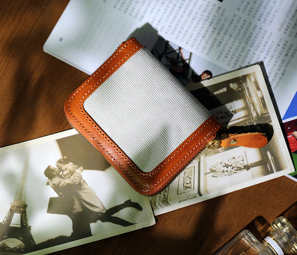 Canvas and Genuine Leather Accordion Zip Wallet for Women Compact Card Holder