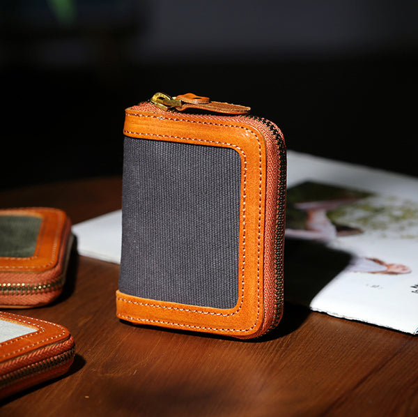 Canvas and Genuine Leather Accordion Zip Wallet for Women Compact Card Holder