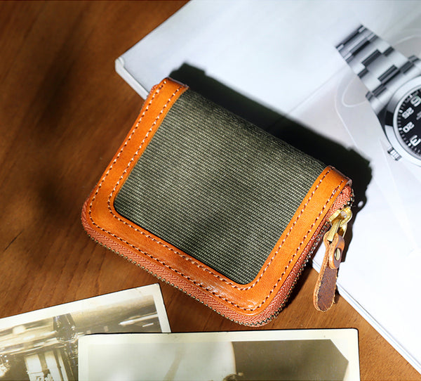 Womens Handmade Canvas Leather Card Wallet with Zipper Retro Accordion Wallet for Cards and Coins