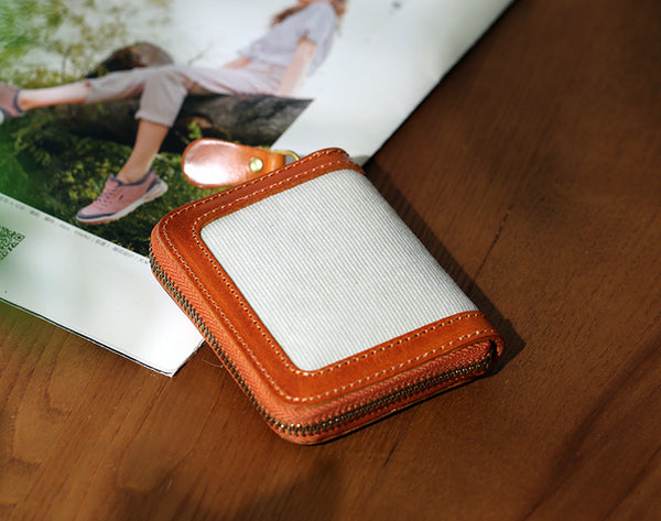 Canvas and Genuine Leather Accordion Zip Wallet for Women Compact Card Holder