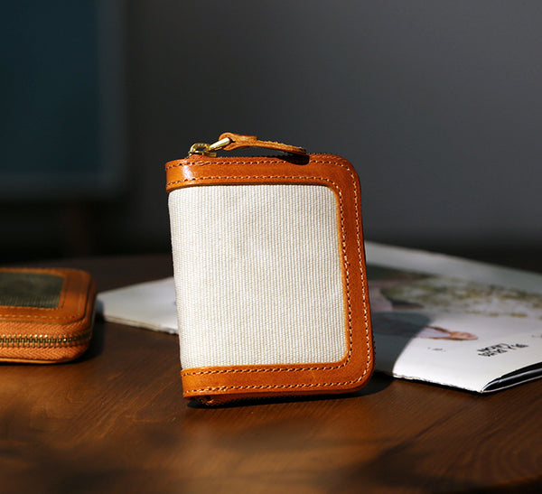 Canvas and Genuine Leather Accordion Zip Wallet for Women Compact Card Holder