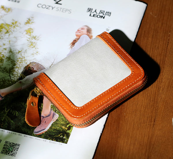 Canvas and Genuine Leather Accordion Zip Wallet for Women Compact Card Holder