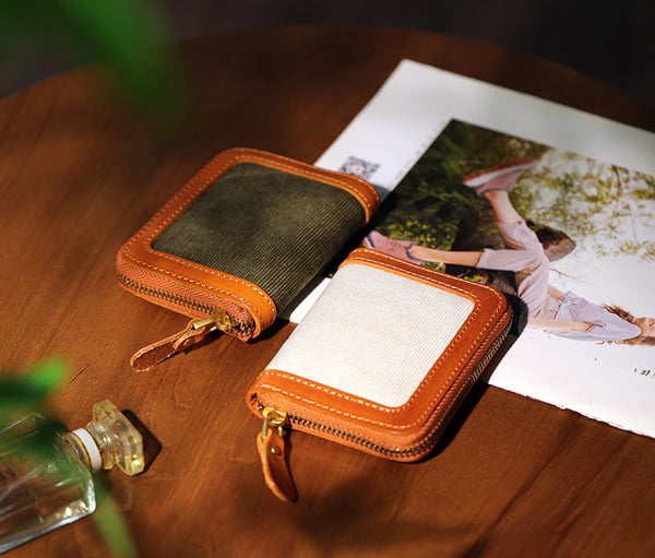Canvas and Genuine Leather Accordion Zip Wallet for Women Compact Card Holder