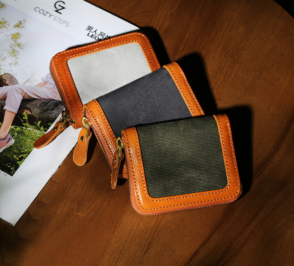 Canvas and Genuine Leather Accordion Zip Wallet for Women Compact Card Holder