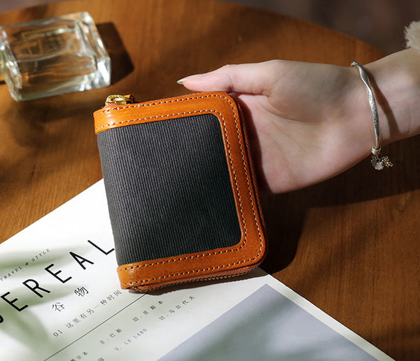 Canvas and Genuine Leather Accordion Zip Wallet for Women Compact Card Holder