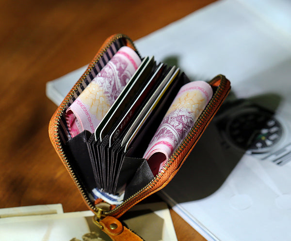 Canvas and Genuine Leather Accordion Zip Wallet for Women Compact Card Holder