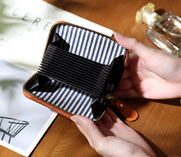 Canvas and Genuine Leather Accordion Zip Wallet for Women Compact Card Holder
