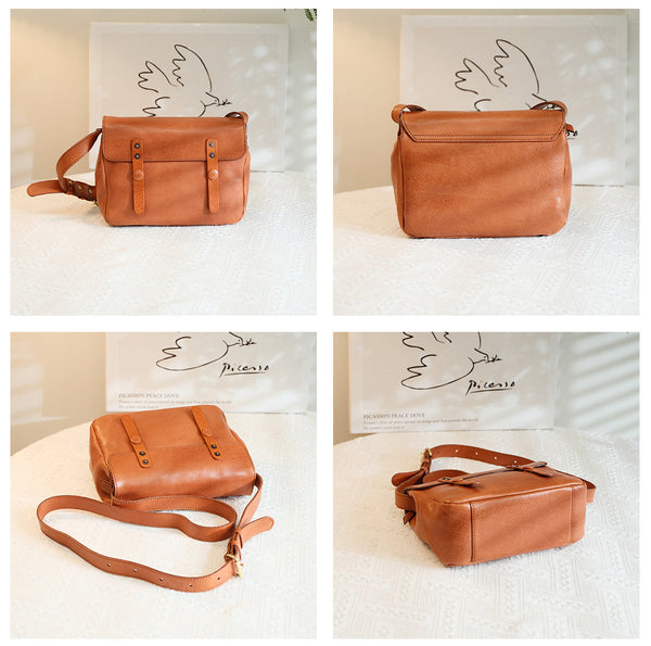 Vintage Leather Messenger Bag for Women Small Genuine Cowhide Crossbody Shoulder Bag